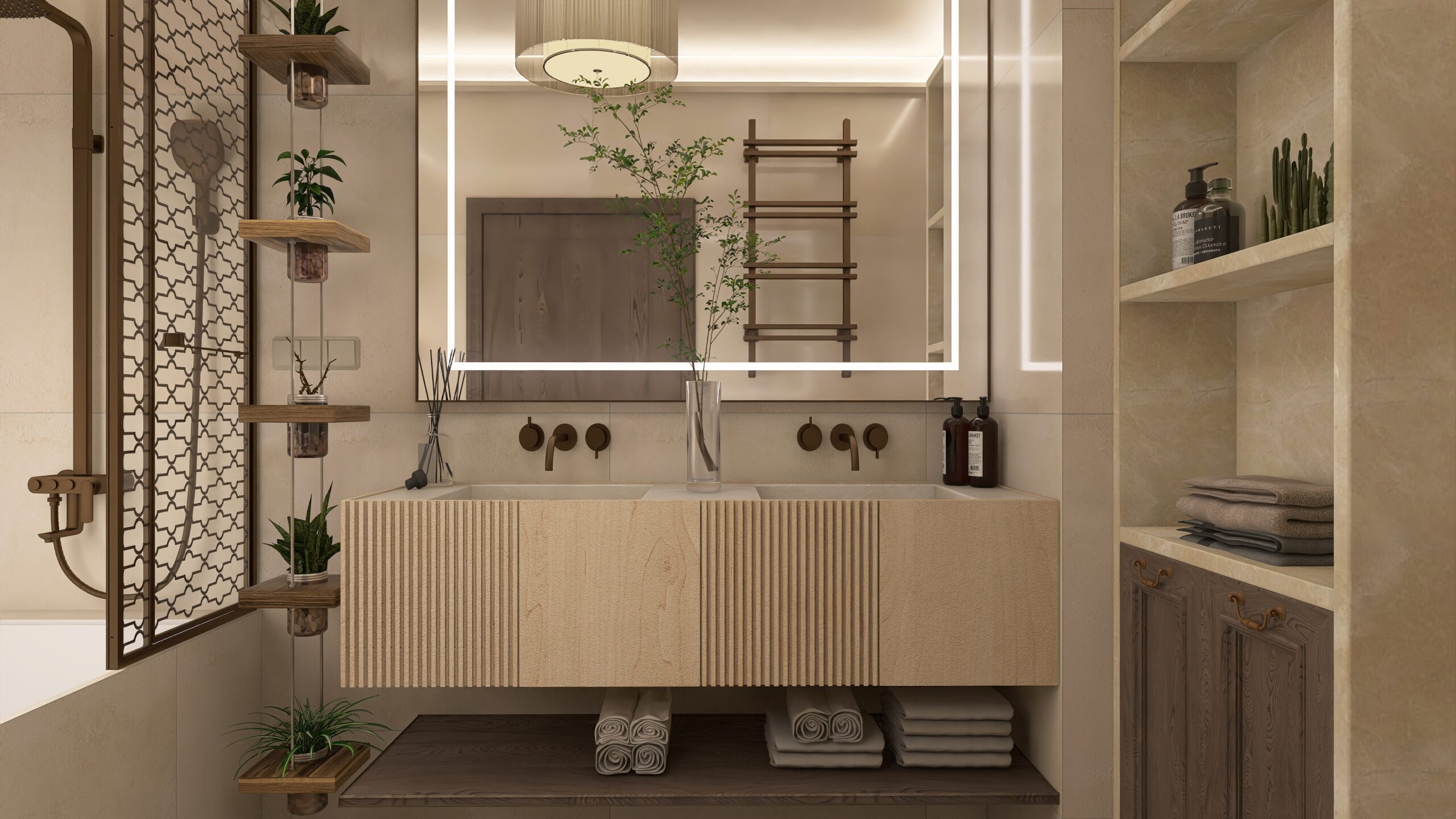 projekt łazienki z drewnianą szafką i otwartymi półkami w stylu SPA