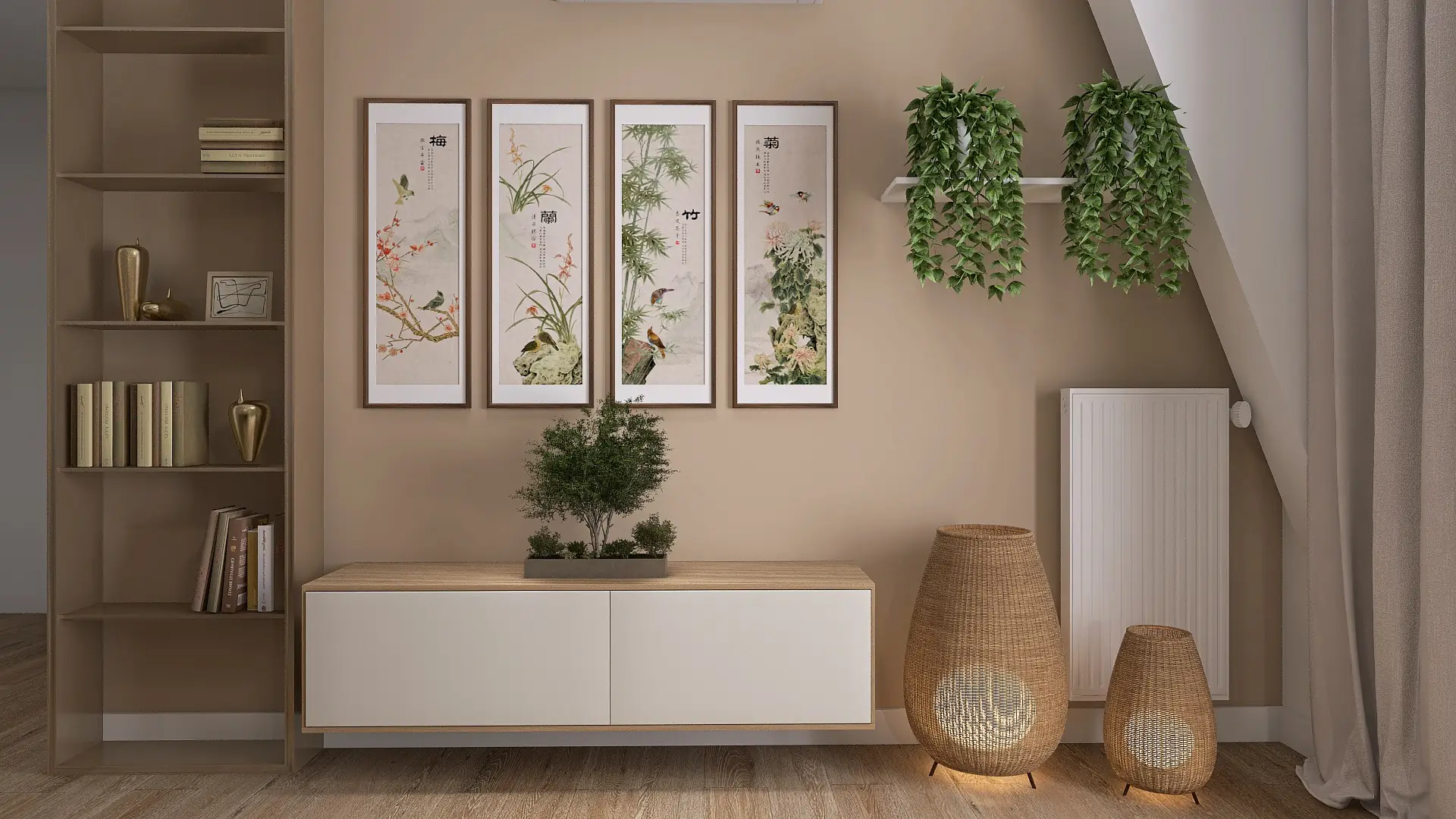 aranżacja salonu z drewnianą komodą i dekoracyjnymi grafikami na ścianie z bonsai japandi